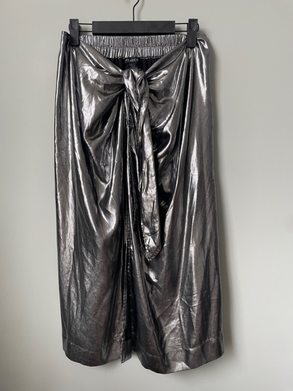 Tie-Front Metallic Midi Skirt in Silver